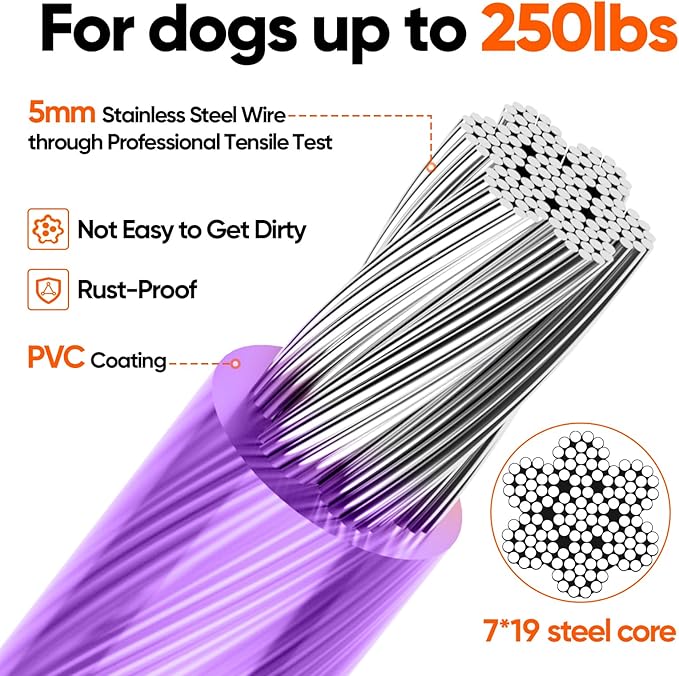 Tresbro 50FT Reflective Tie Out Cable for Dogs Up to 250 Pounds, Steel Wire Lead Leash Cable with Stainless Rotatable Buckle, Lightweight and Enduring, Dog Chains Outside for Outdoor, Yard, Purple