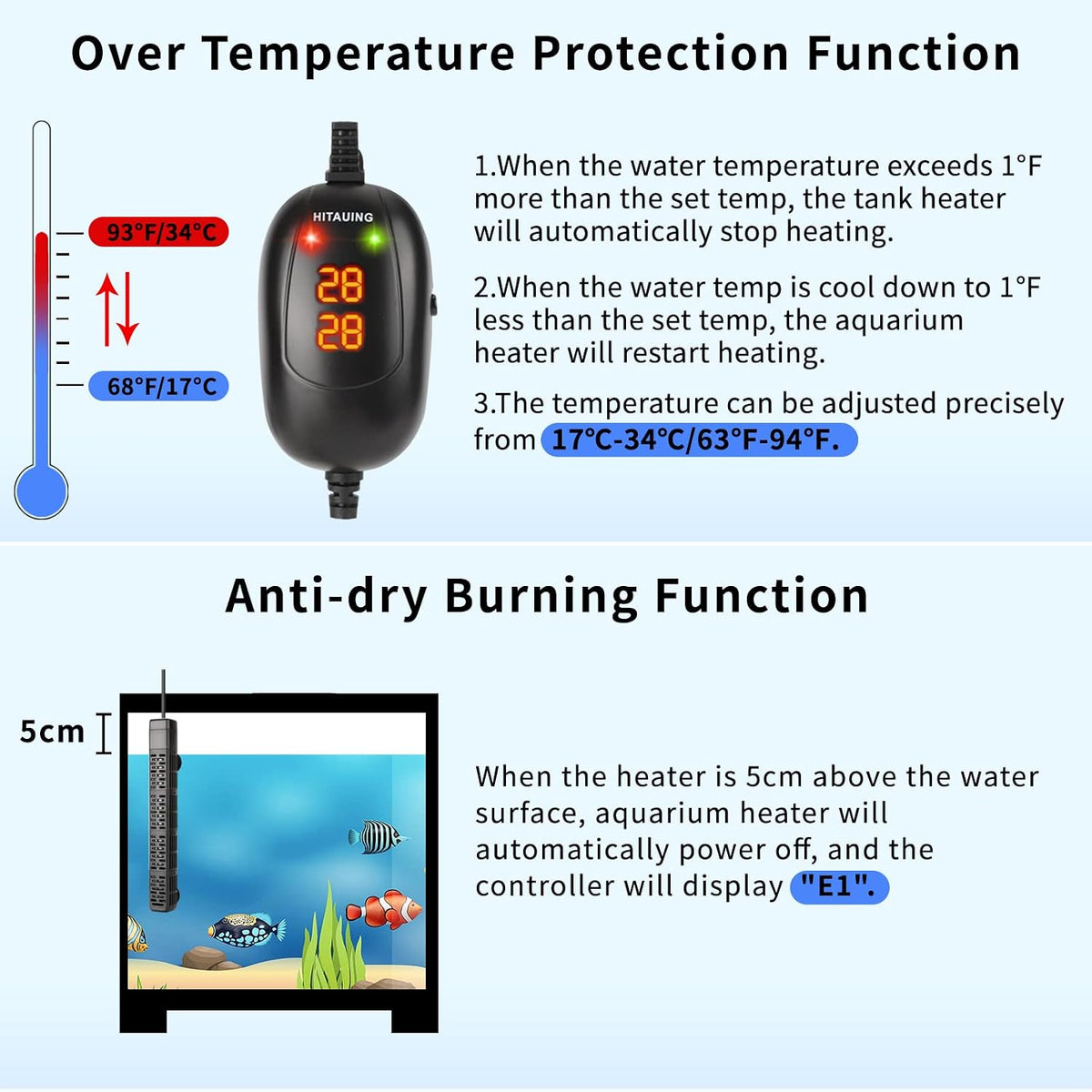 HiTauing Aquarium Heater, 50W/100W/200W/300W/500W Submersible Fish Tank Heater - 300W - image 2