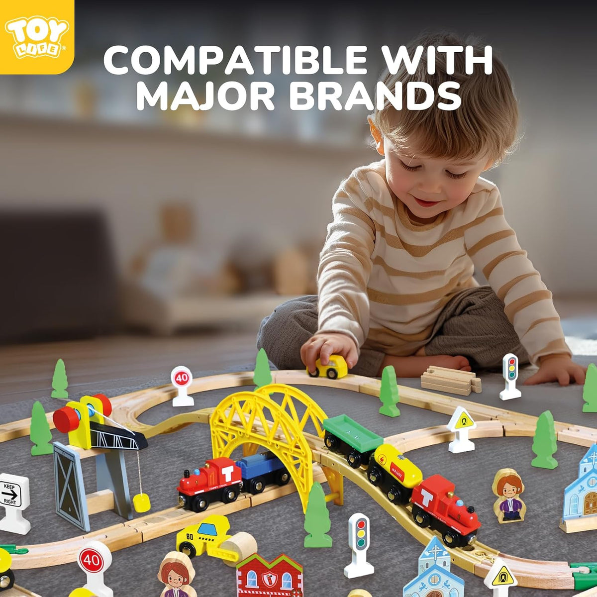 TOY Life Wooden Train Set with Crane, 60-Pc Track, Boys 3-8 – Fun for Kids & Family - 60 PCS Wooden train set - image 3