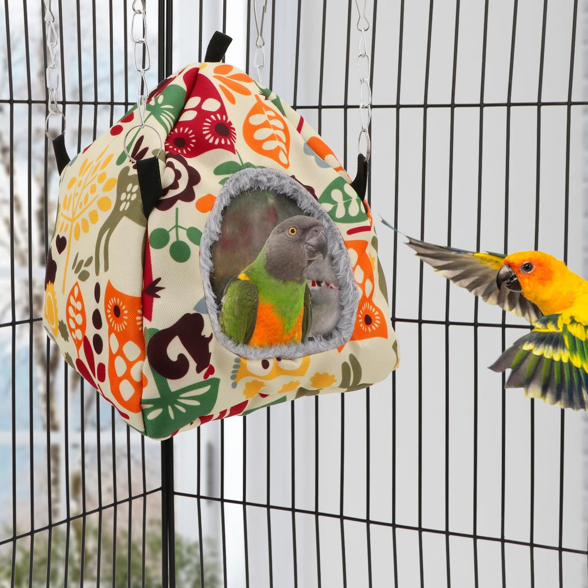 Wontee Bird Plush Hammock Parrot Hanging Snuggle Cave Happy Hut Tent - M / Beige Pattern - image 2