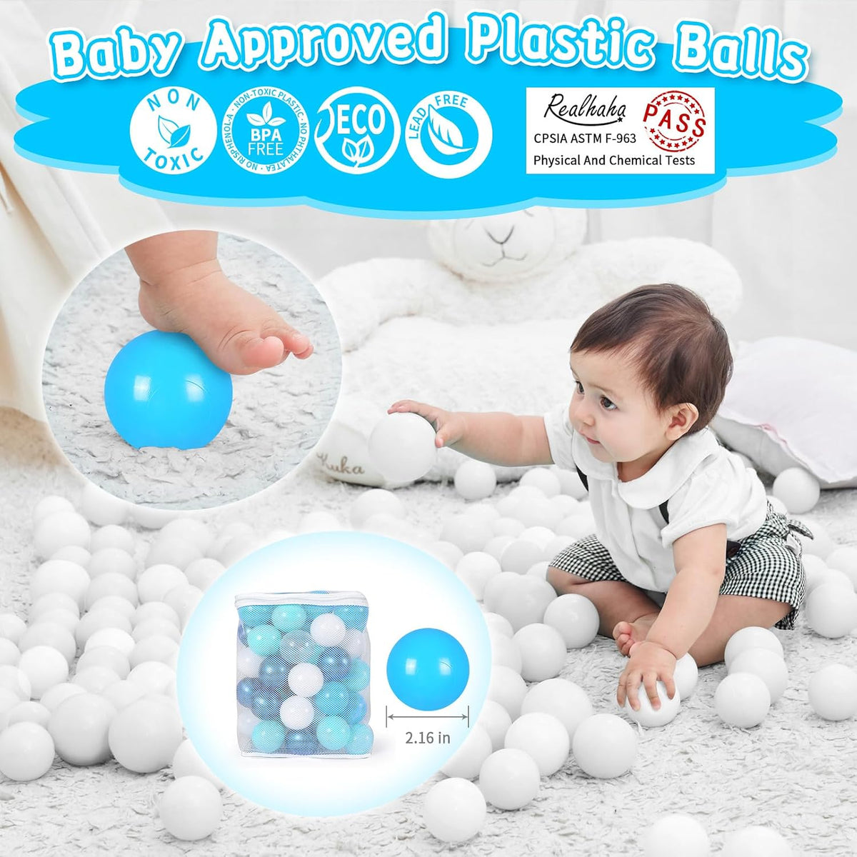 Realhaha Ball Pit Balls Baby Plastic Playpen Playball 2.15″ - Dark Blue Blue Green White Clear / 100 balls - image 2