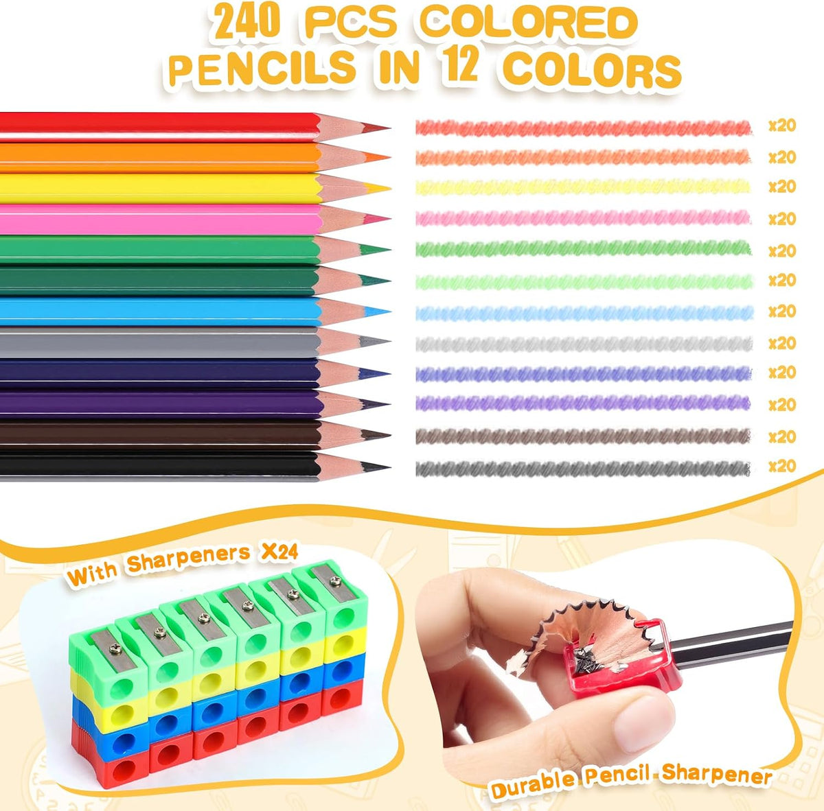 Toidgy 240 colored pencils bulk for classroom with 12 colors and 24 pencil sharpeners - view 2