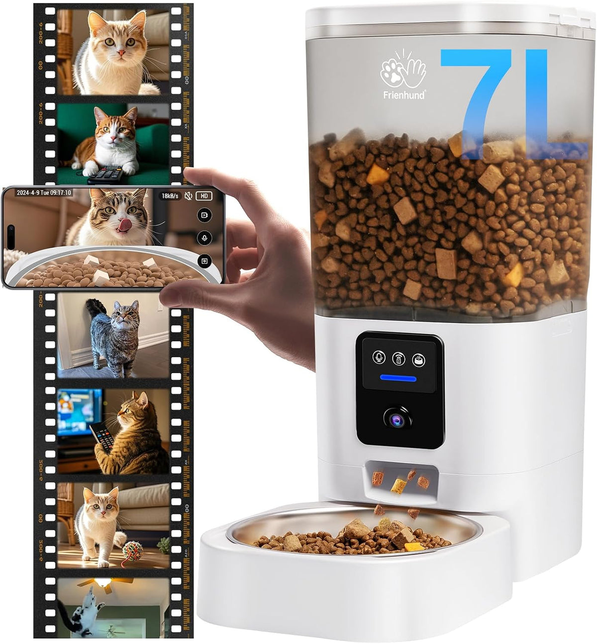 Frienhund Automatic Cat Feeder with 2K Camera: 5G WiFi Automatic Dog - White-1