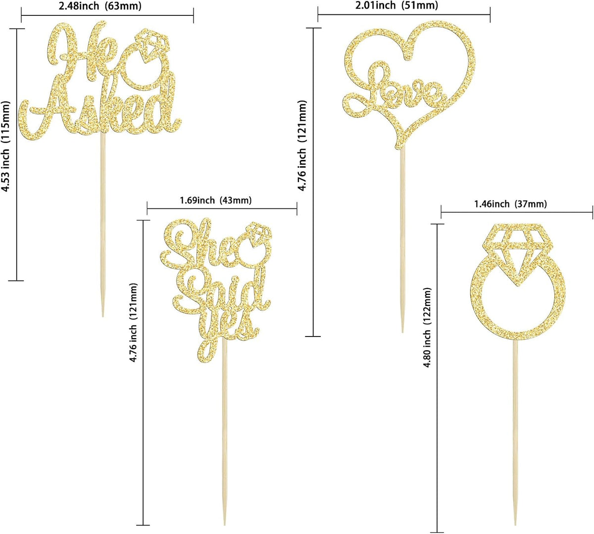 Gyufise He Asked She Said Yes Cupcake Toppers Gold Glitter Diamond - Gold - image 2