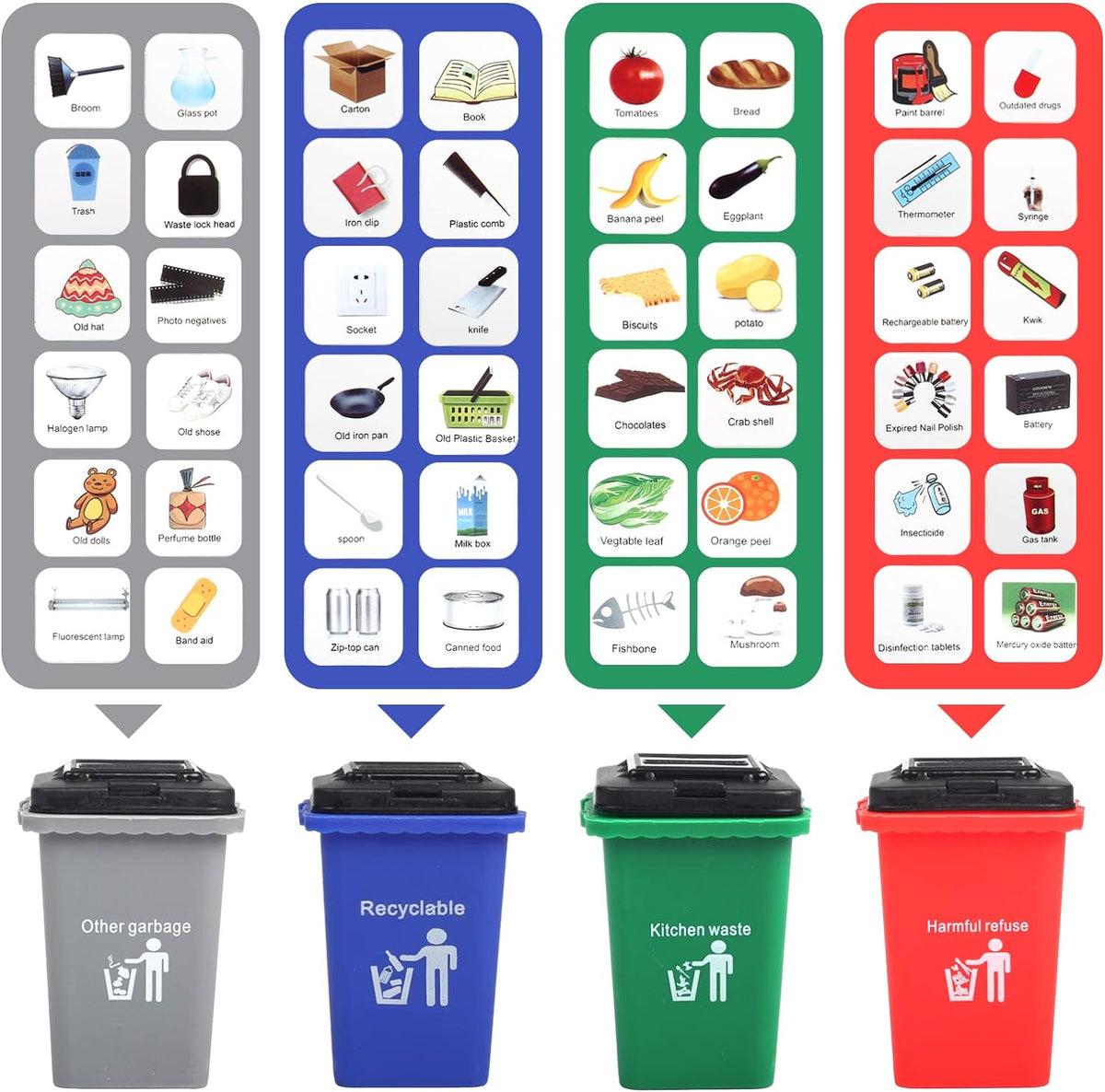 Y.L. DOYMX green garbage truck toy playset with four trucks, sorting bins, cards and play mat - view 3