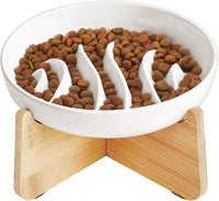 PETTOM Slow Feeder Cat Bowl Elevated Ceramic with Bamboo Stand - Fishbone