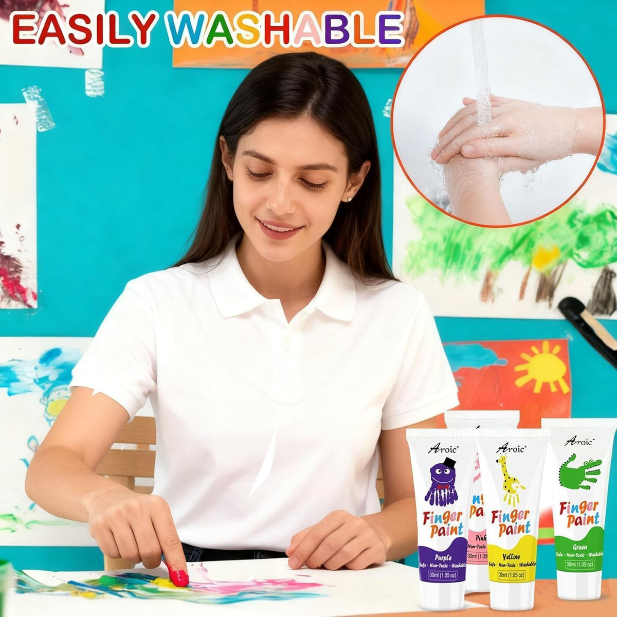 AROIC 8PCS Washable Finger Paint, Non-Toxic Finger Paints – Fun for Kids & Family - 16 Colors (1.05oz) - image 2