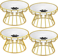 4 Sets Elevated Cat Bowls Ceramic Raised Cat Food Bowls with Metal - Gold / Paw