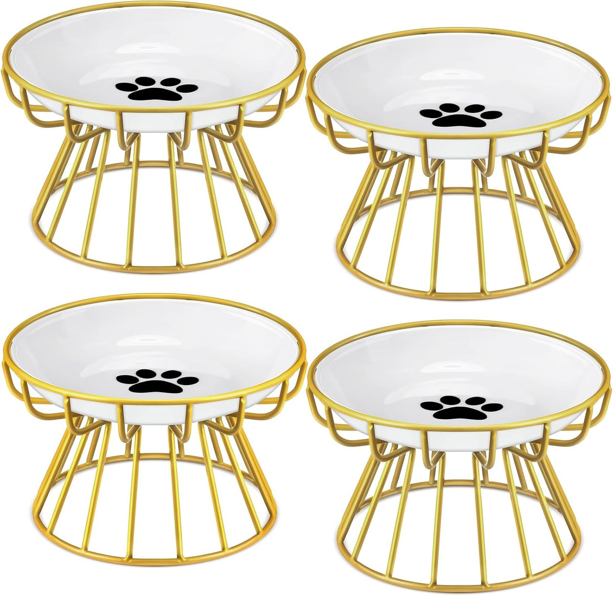4 Sets Elevated Cat Bowls Ceramic Raised Cat Food Bowls with Metal - Gold / Paw