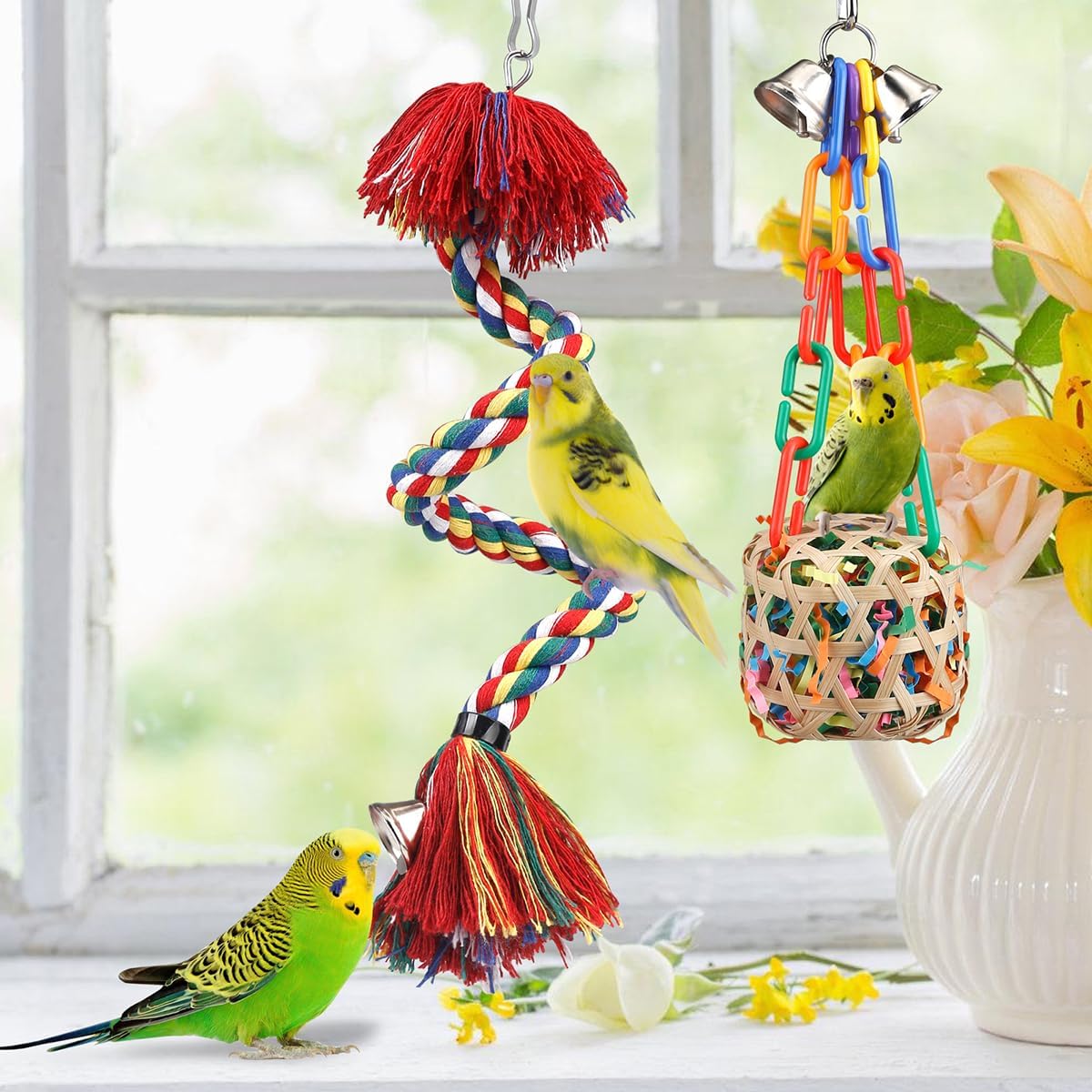 Bird Toys Rope Perch with Bell Colorful Bird Chewing Shredding - image 2