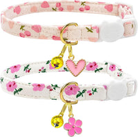 2 Pack Cotton Breakaway Cat Collars Set with Bell and Flower Pendant - heart cherry