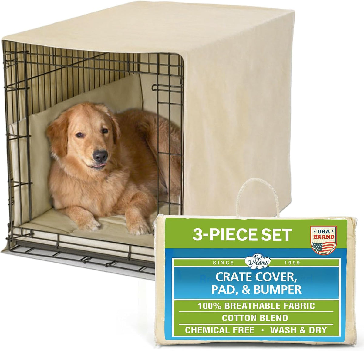 Pet Dreams 3-Piece Set Includes Dog Crate Cover - Khaki Tan / 42-Inch
