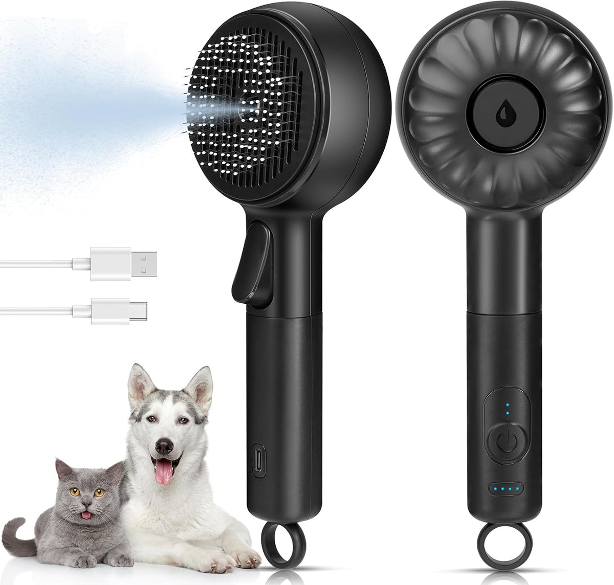 Cat Steam Brush 3 in 1 Pet Hair Grooming Brush with Steam and Release - Black
