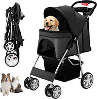 Unisakey Foldable 4-Wheel Pet Stroller for Dogs Cats 10-33lbs - Black