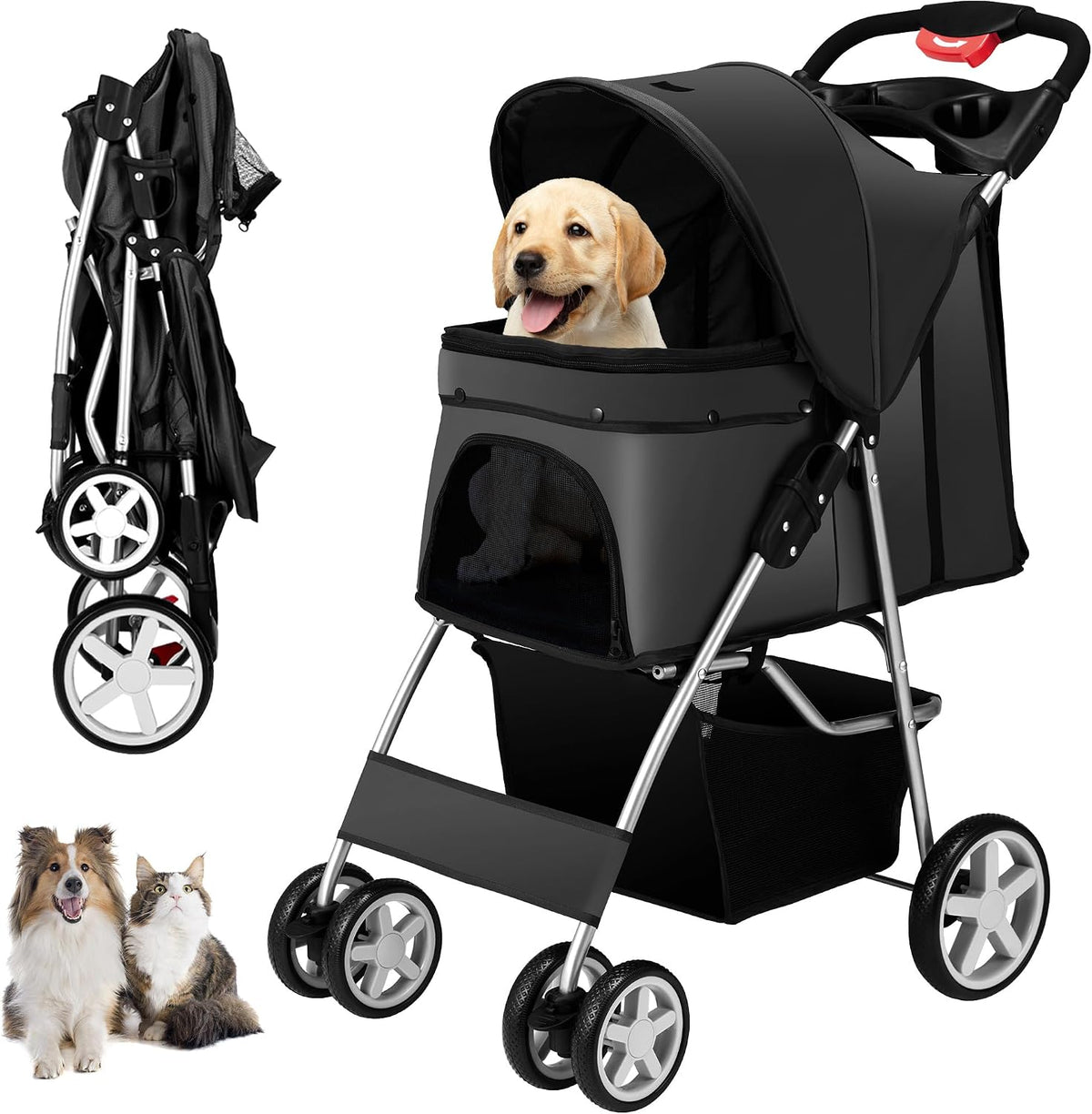 Unisakey Foldable 4-Wheel Pet Stroller for Dogs Cats 10-33lbs - Black