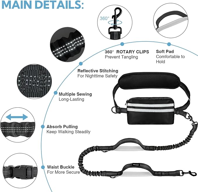 Hands Free Dog Leash, Adjustable Waist Belt with Double Padded Handles, Retractable Bungee for Medium & Large Dogs, Waist Leash for Dog Walking, Running, No Pull, Black