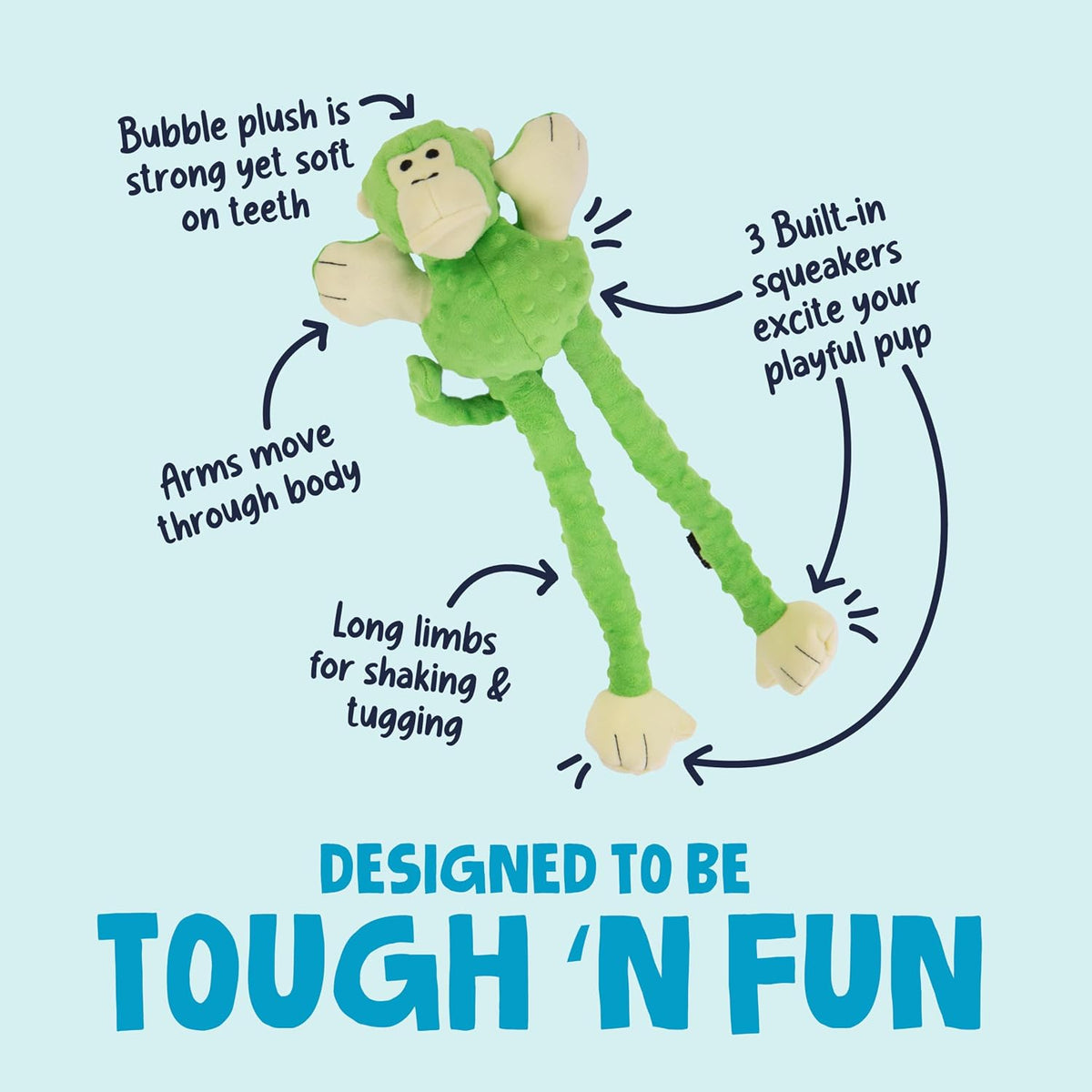 goDog Crazy Tugs Monkeys Squeaky Plush Dog Toy with Chew Guard - Monkey (Green) / Large - image 2