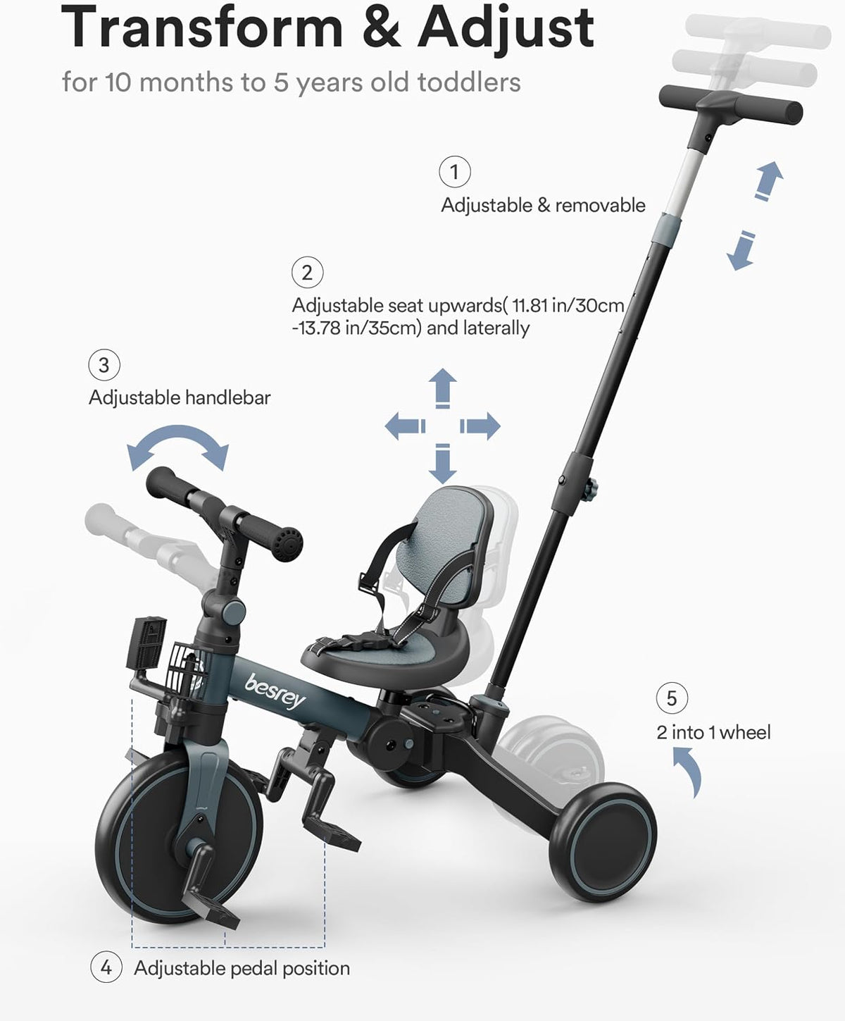 besrey Folding Toddler Tricycle-to-Balance Bike with Push Handle - Grey - image 4