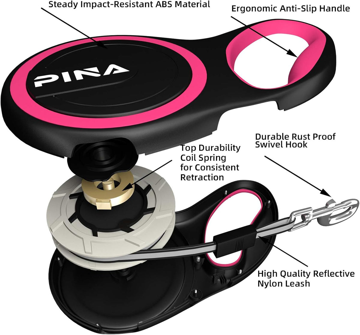 Retractable Dog Leash, 26ft Dog Leash for Small Medium Large Dogs Up to 110lbs, 360° Tangle-Free - 16 ft / Black Pink - image 3