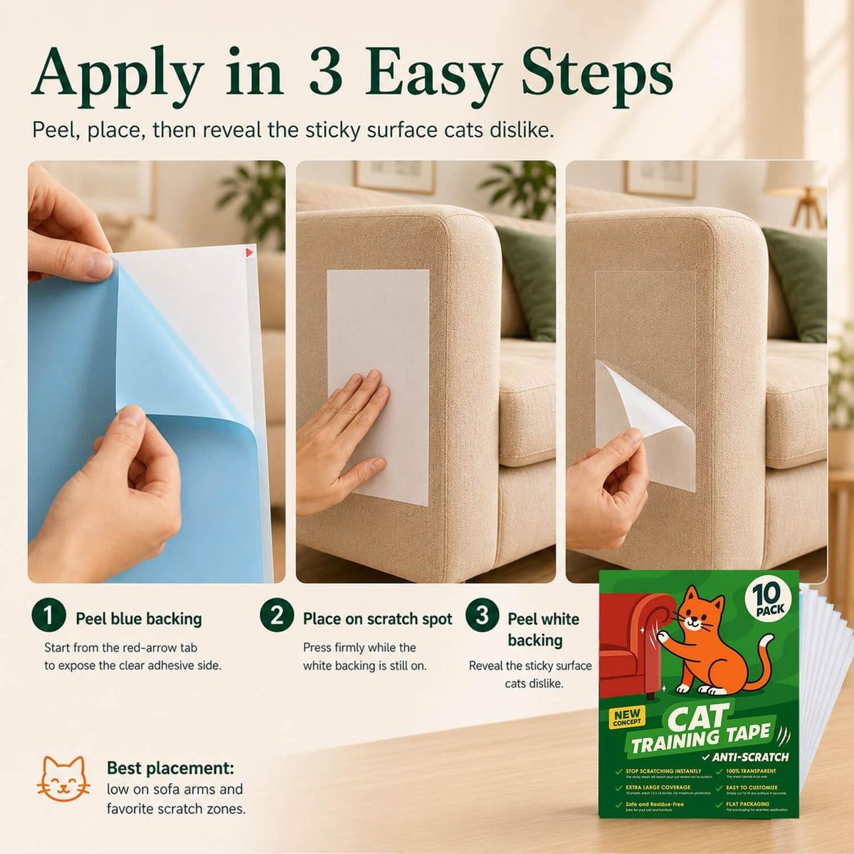 Anti-Scratch Tape for Furniture, Stop Cats from Scratching Couch - 12" x 15" ( 10 Sheets ) Cat Scratch Tape - image 4