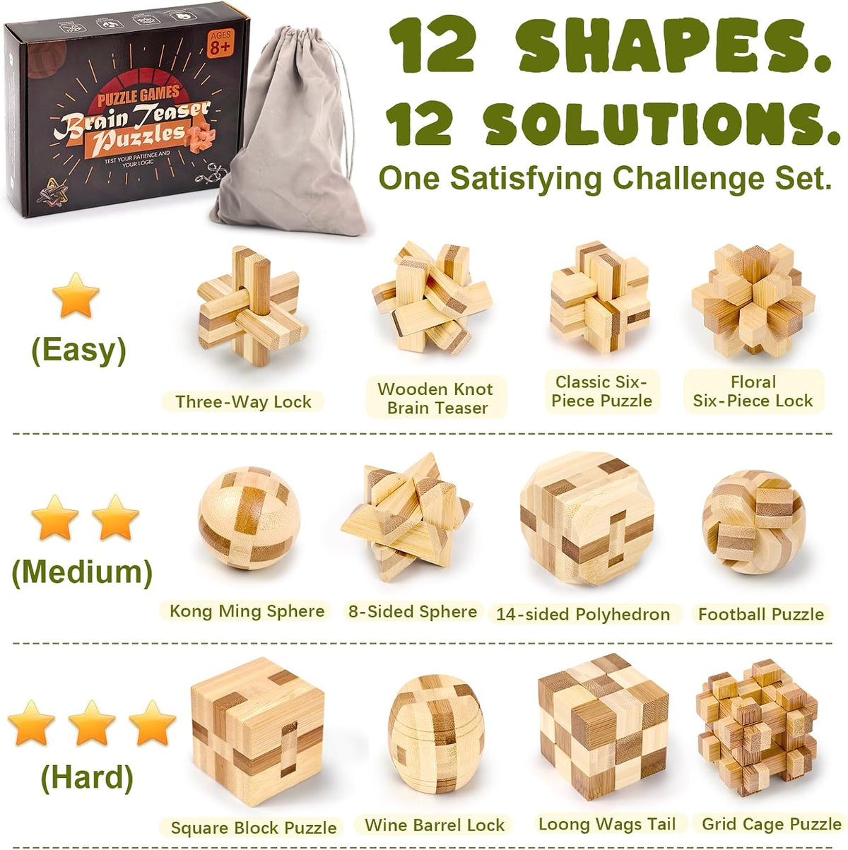 VolksRose 12pcs Wooden Brain Teaser Puzzles - A-12pcs-4.6cm - image 3