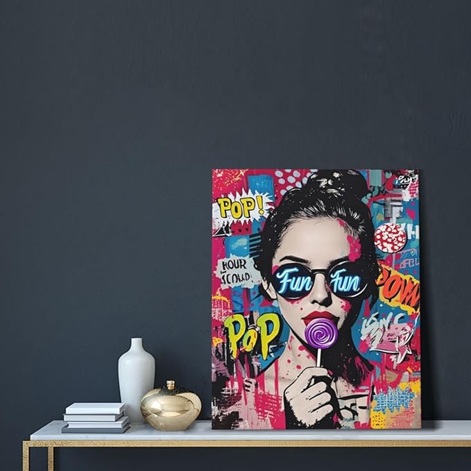 Fashion Women Wall Art Glam Modern Artwork for Girls Banksy Street Graffiti Pop Art Canvas Pictures Painting Print Framed Decorations Gifts for Bedroom Living Room Office 16"x20"