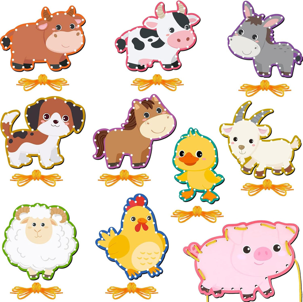 Pajean 10 Pcs Kids Lacing Cards Double Sided Animal Sewing Cards Kits - Farm Style