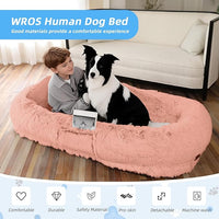 Human Dog Bed for Adults & Pets, 63"x32"x10" Faux Fur Nap Bed with Pillow, Blanket & Strap, Orthopedic Washable Lounger for Sleeping, Relaxing, Cuddling – Pink