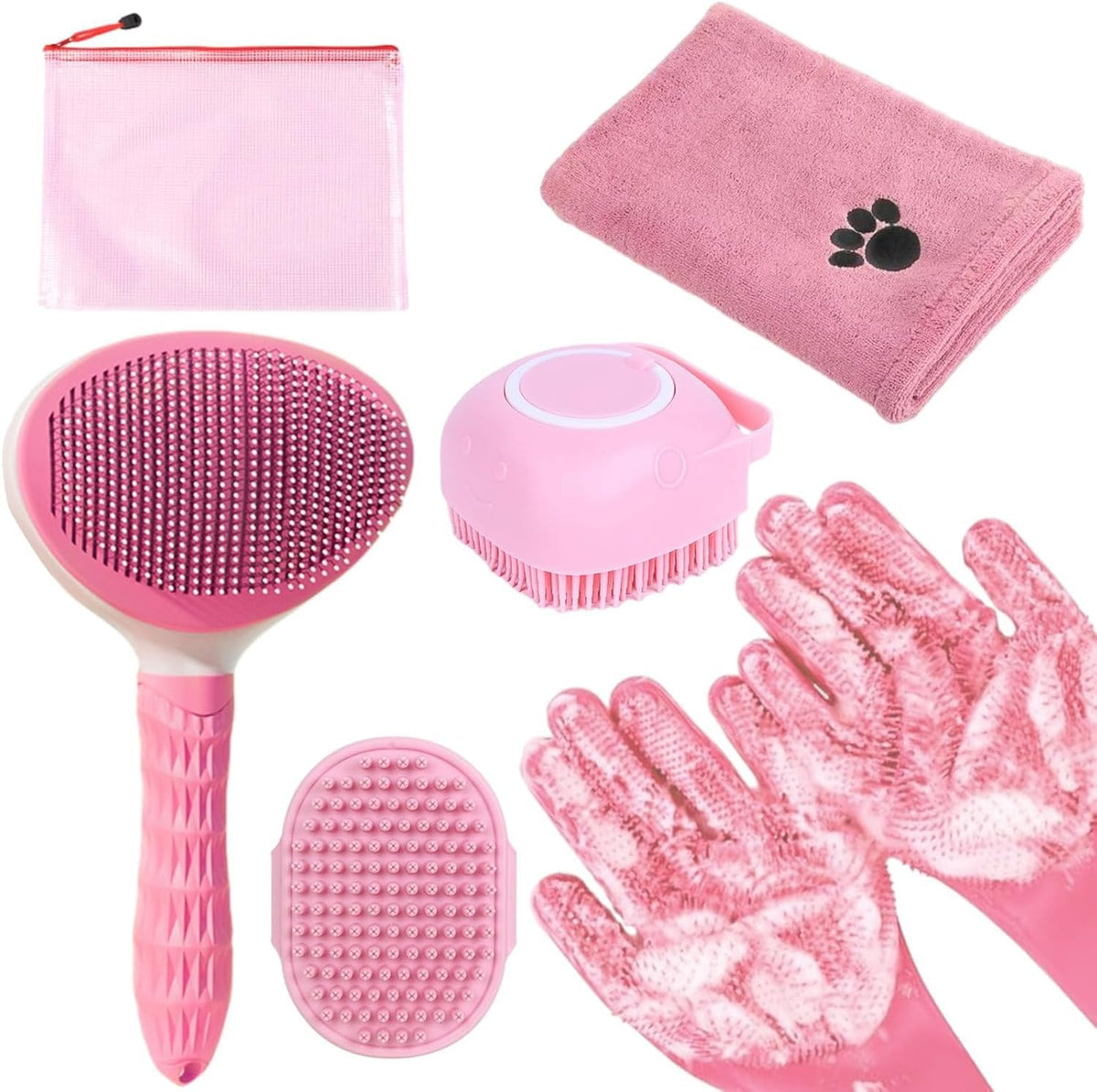 Bath Grooming Kit for Pets, Hair Brush Set with Towel - 6-Bath-Pink