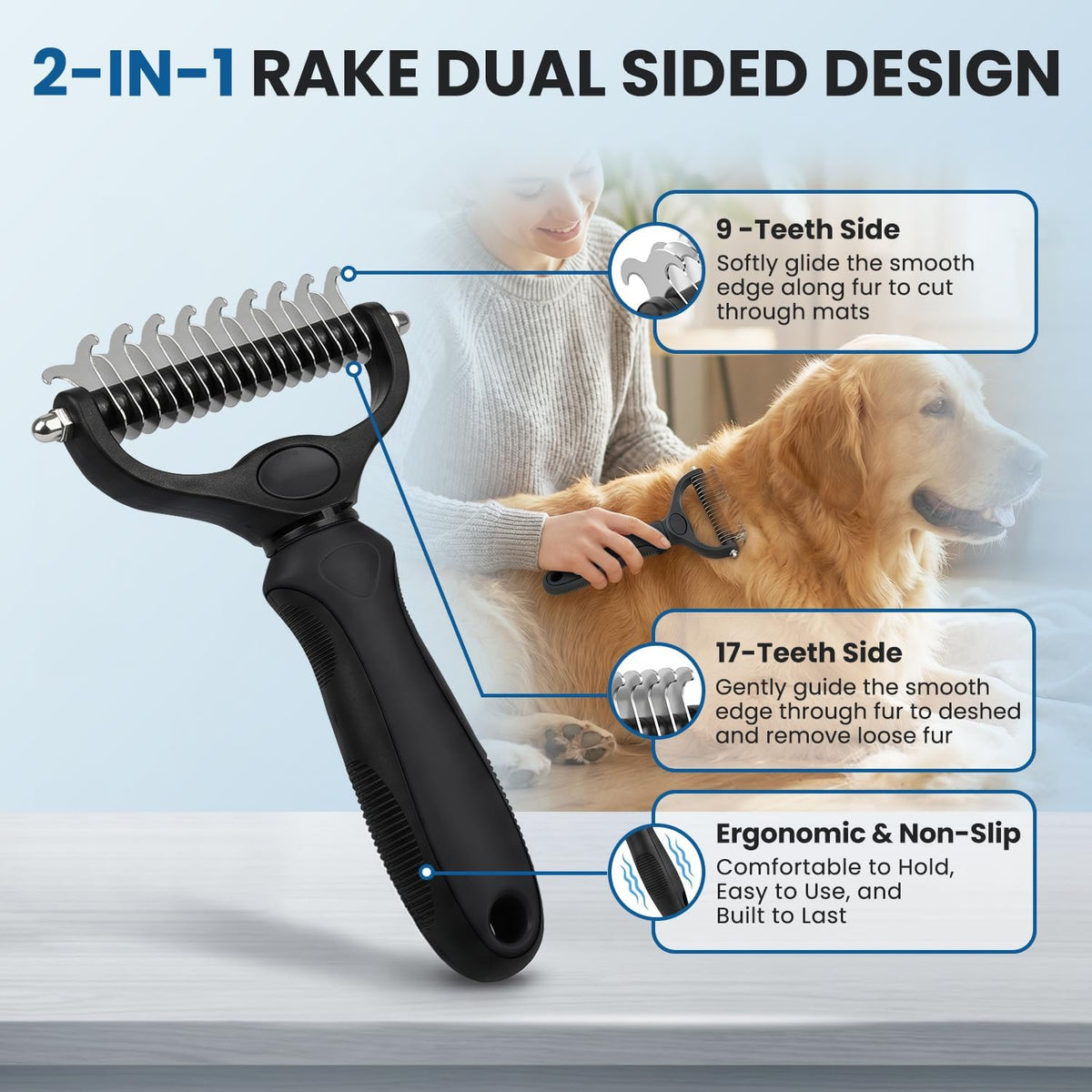 Dog Grooming Rake 4-in-1 Kit, Deshedding Undercoat Rake - Black - image 2