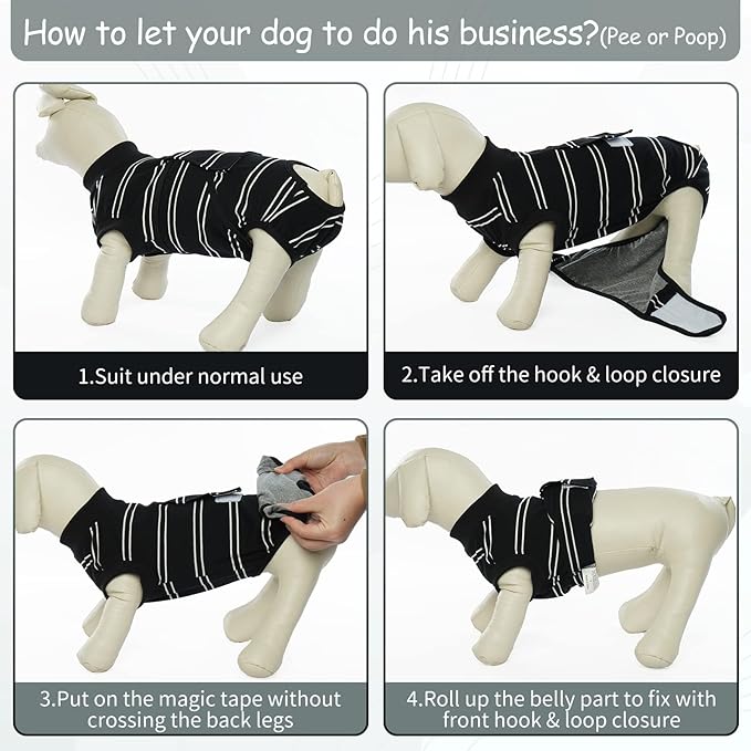 Kuoser Dog Surgery Recovery Suit for Female Male Dogs, Stripes Spay Neuter Anti-Licking Dog Onesie, Surgical Suit Snugly Pet Post Surgery Vest Bodysuit for Abdominal Wounds Skin Disease, Black 2XL