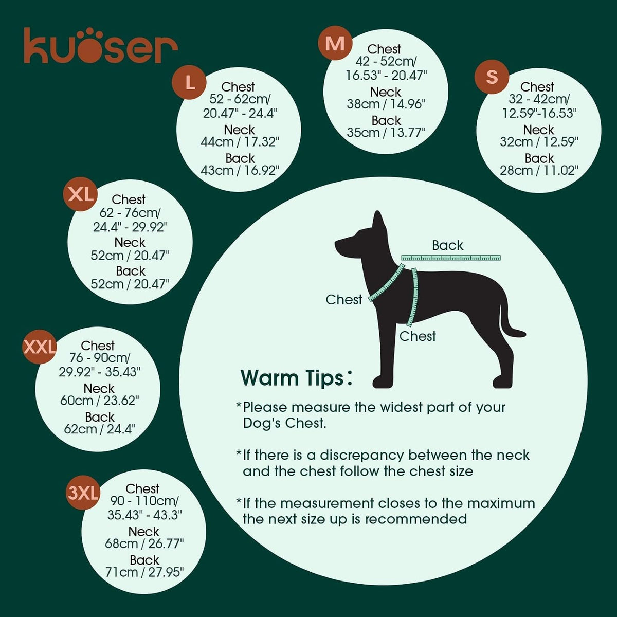 Kuoser Large Dog Coat, Fleece Lined Dog Winter Jacket with Harness Hole, L – Essentials for Dogs - Xxx-large (Chest: 35.43" - 43.3") / A-Forest Green - image 3