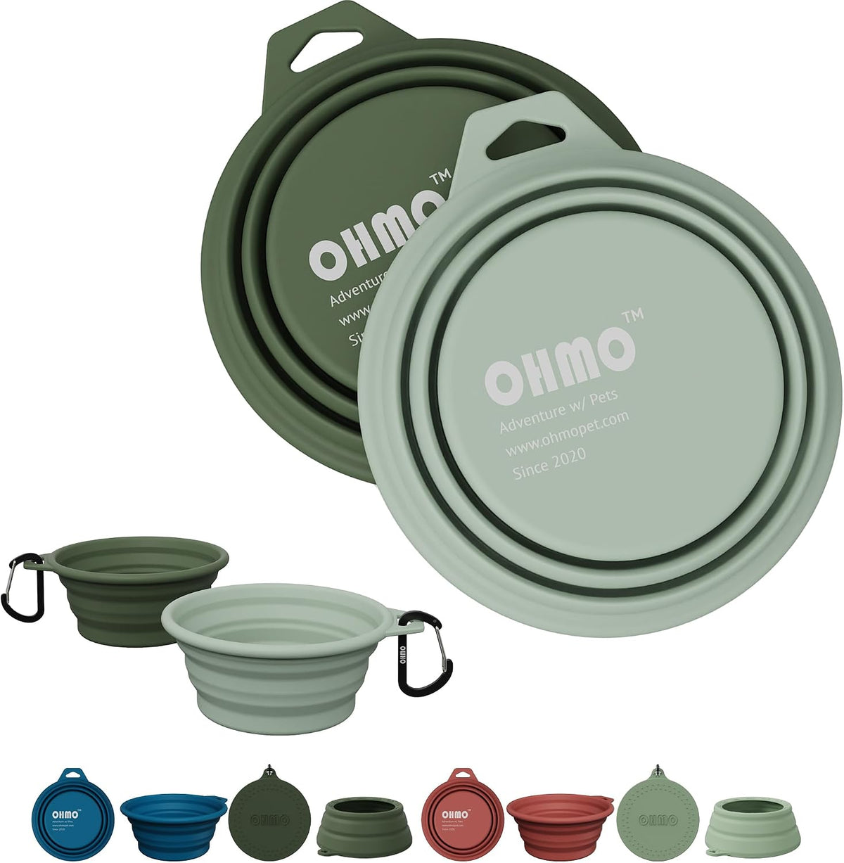 OHMO Collapsible Dog Bowls for Pet Travel, Coral&Brick Red - 2x12oz / Camo&Sage Green