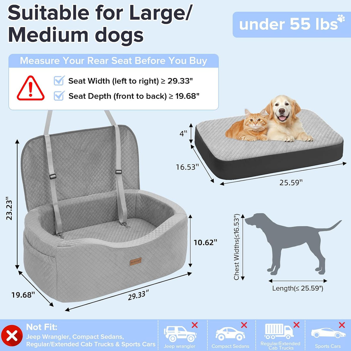 BLVRYVIO Large Dog Car Seat for Medium Sized Dogs Under 55lbs or 2 - Gray / Large - image 2