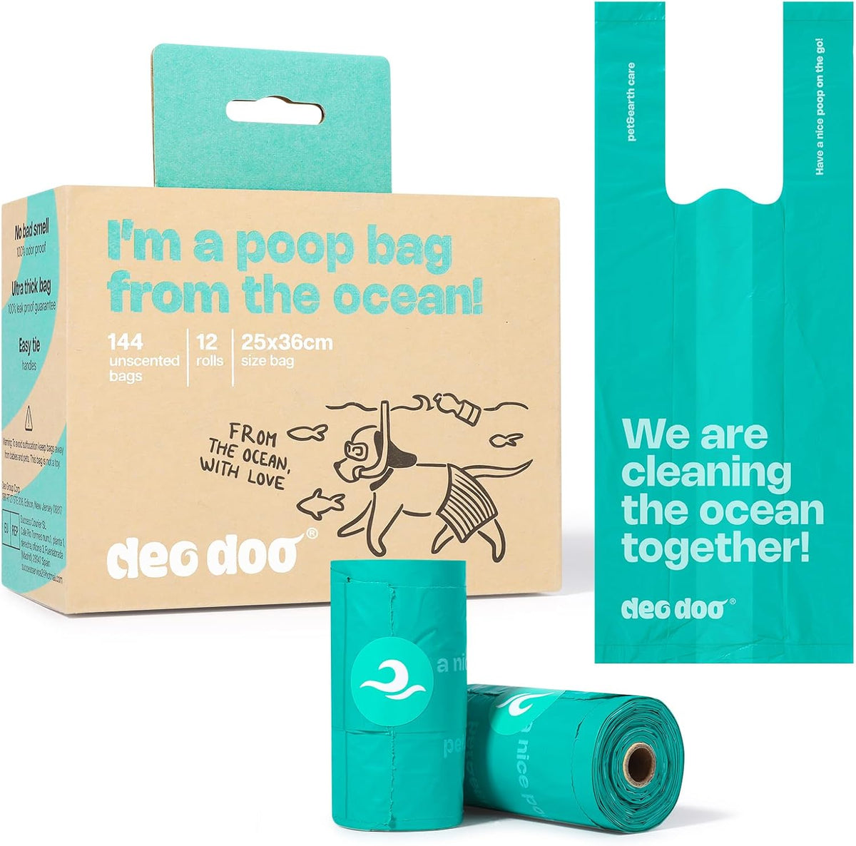 Deo Doo Compostable Dog Poop Bags with Handles 144 Bags - Ocean Blue-100% PCR from Ocean