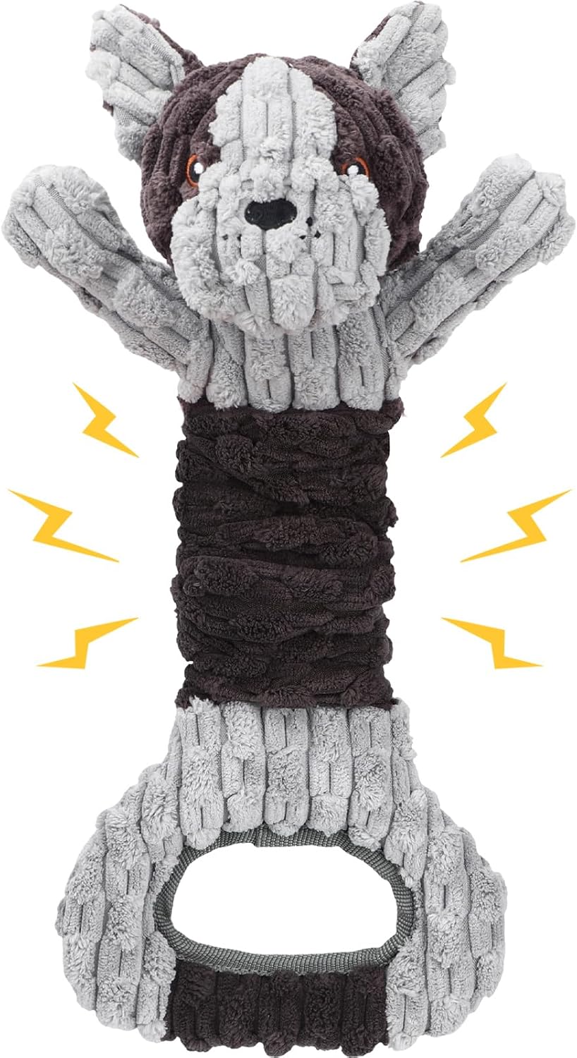 Letsmeet Plush Dog Toy with Crinkle Paper and Ropes - Grey