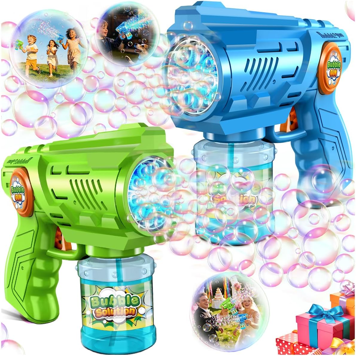 Zerhunt bubble gun for kids 2 pack, blue and red, with bubble solution bottles