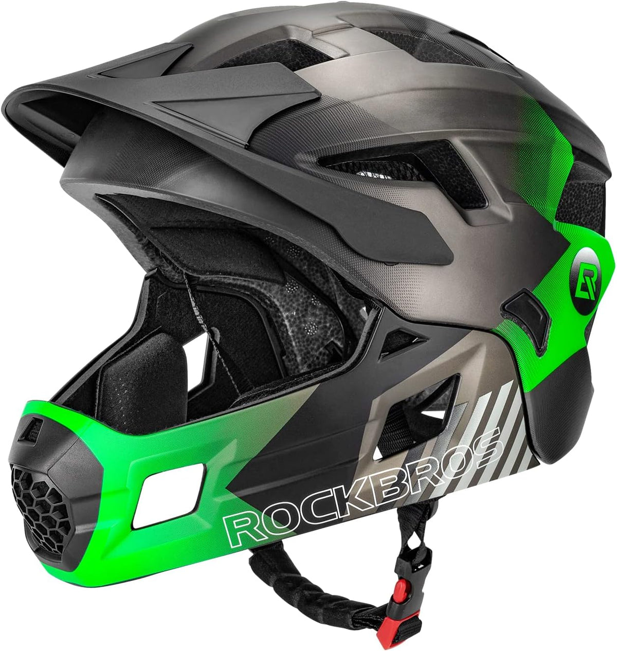 ROCKBROS Kids Full Face Bike Helmet Lightweight Detachable MTB Helmet – Fun for Kids & Family - Green Silver Black / Medium