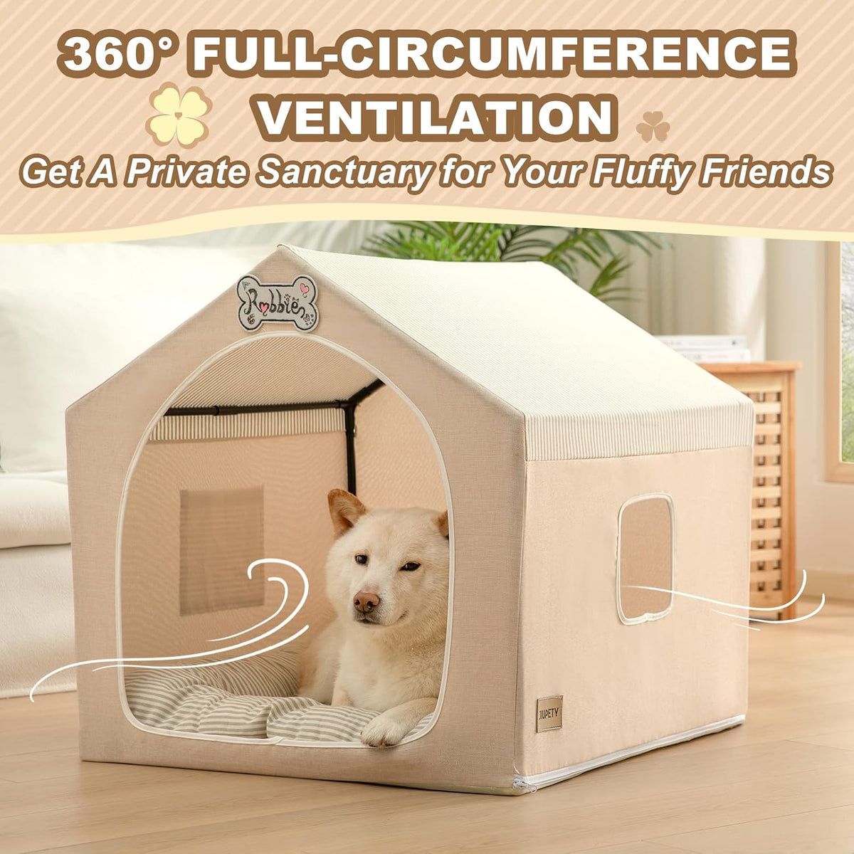 Indoor Dog House with Frame, Cute Dog Tent Bed with Cover Cave - Large ( 25" × 25" × 25" ) / Beige - image 2