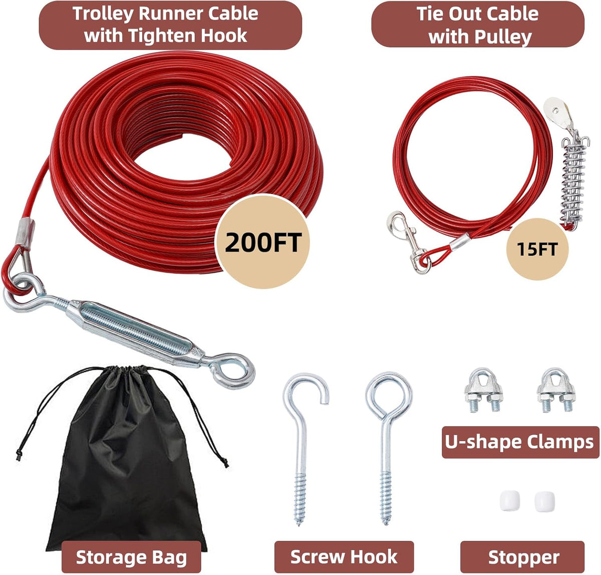 Dog Runner for Yard, Outdoor Dog Run - Red / 200FT+15FT - image 2