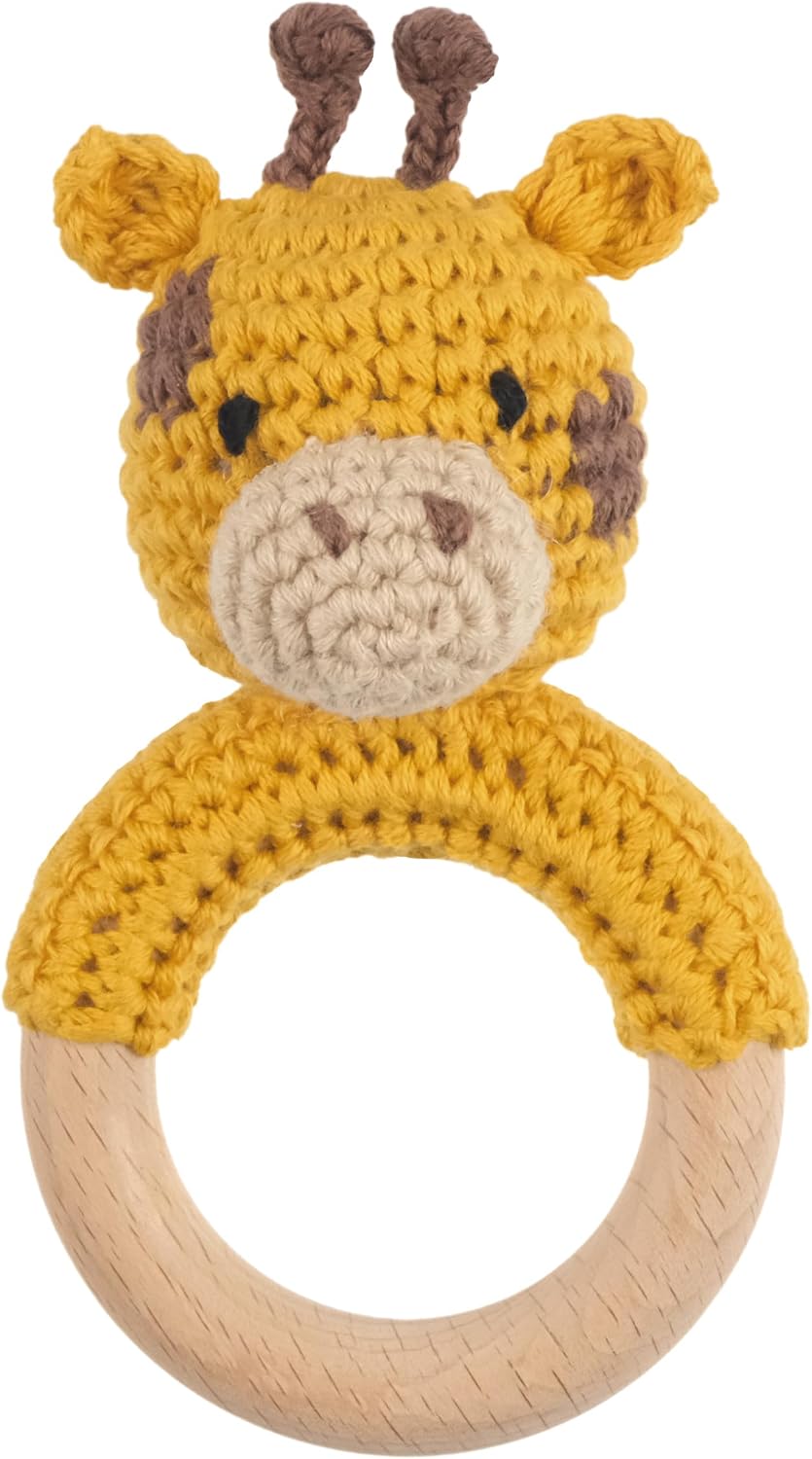 Joliecraft beige crochet bear rattle with natural wood teething ring - view 2