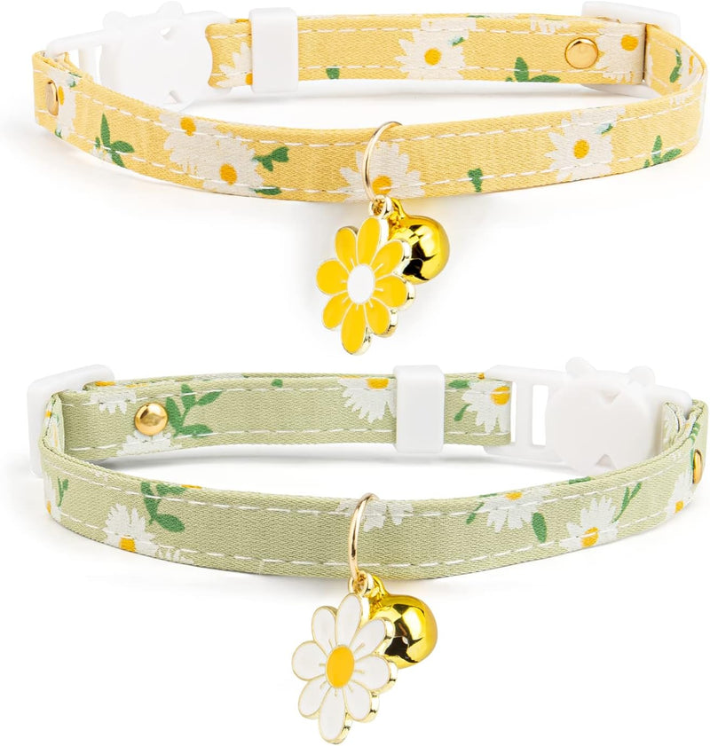 2 Pack Cotton Breakaway Cat Collar with Bell Yellow&Green Flowers - Yellow&Green