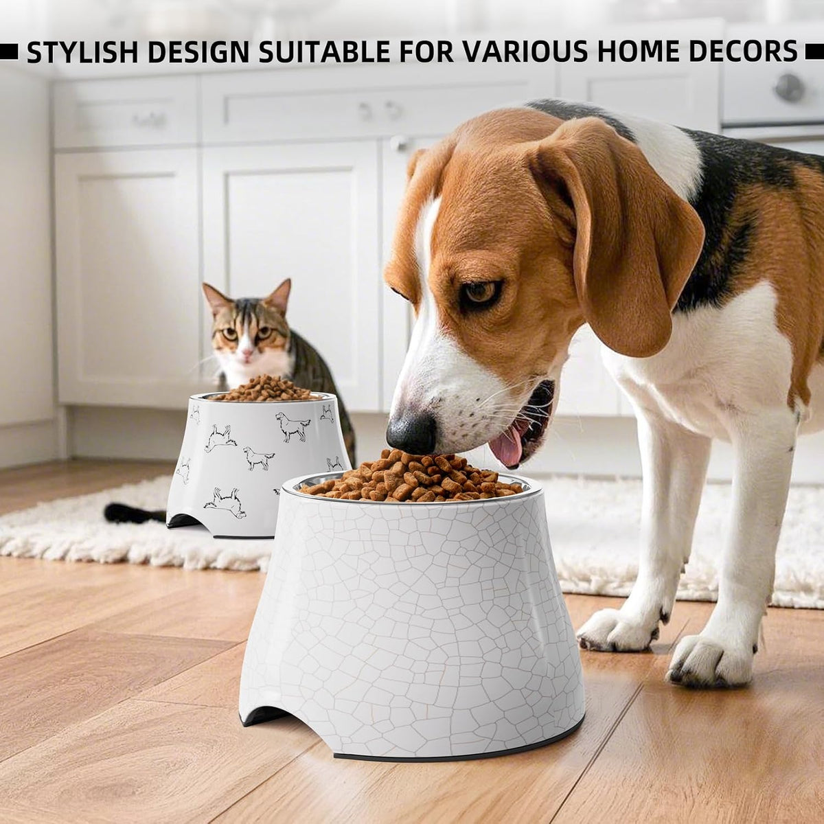 Elevated Dog Bowls with Stainless Steel Bowl - White-Crackle / L/3 Cups - image 4
