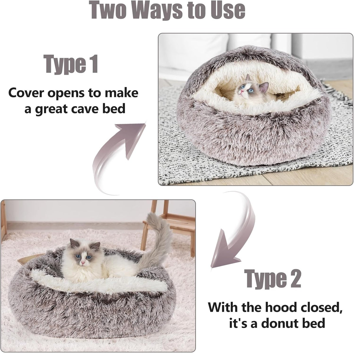 Cat Bed Cave, Cat Beds for Indoor Cats, Washable Hooded Cat Beds - 20.0"L x 20.0"W x 12.0"Th / Coffee - image 2