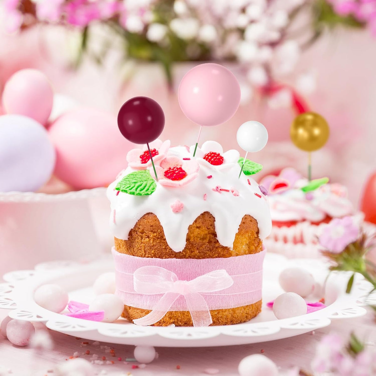 NACHLYNN 80 Pcs Cake Balls Decorations Mini Balloon Cake Topper Balls - Rose Pink White Series - image 4