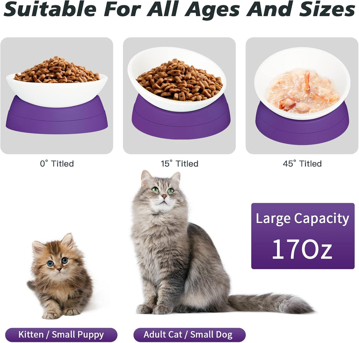 17 oz Raised Cat Food Bowls, Adjustable-Angle Pet Bowls - Milky White, Purple - image 3