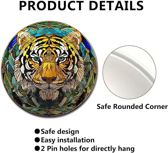 Lygond Metal Sign Tin Sign Circular Stained Glass Tigle Tin Signs Gardening For Pet 8×8 Inches