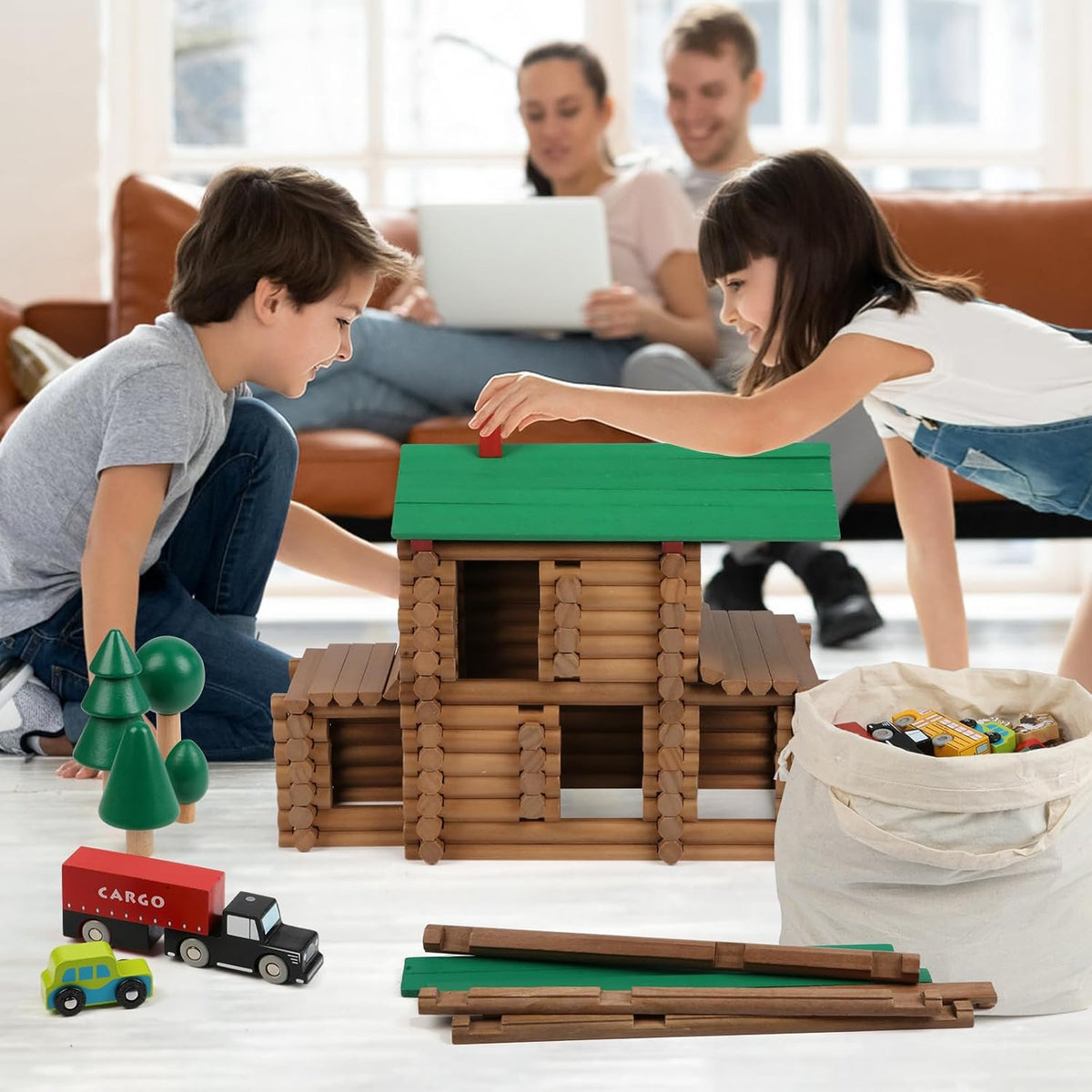 Wondertoys 208 Pcs Wooden Log Set, Classic Building Logs Ages 3+ - 456PCS Luxury Villas - image 4