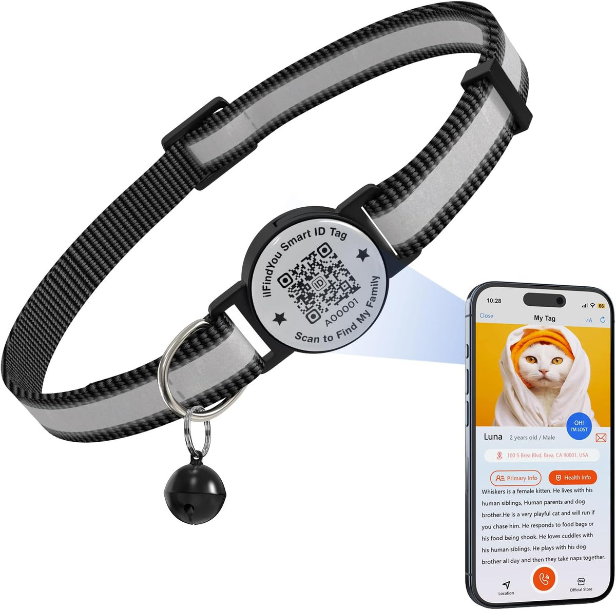 Cat Collar Breakaway QR Code, Reflective cat Collar with Bells - Black / Solid
