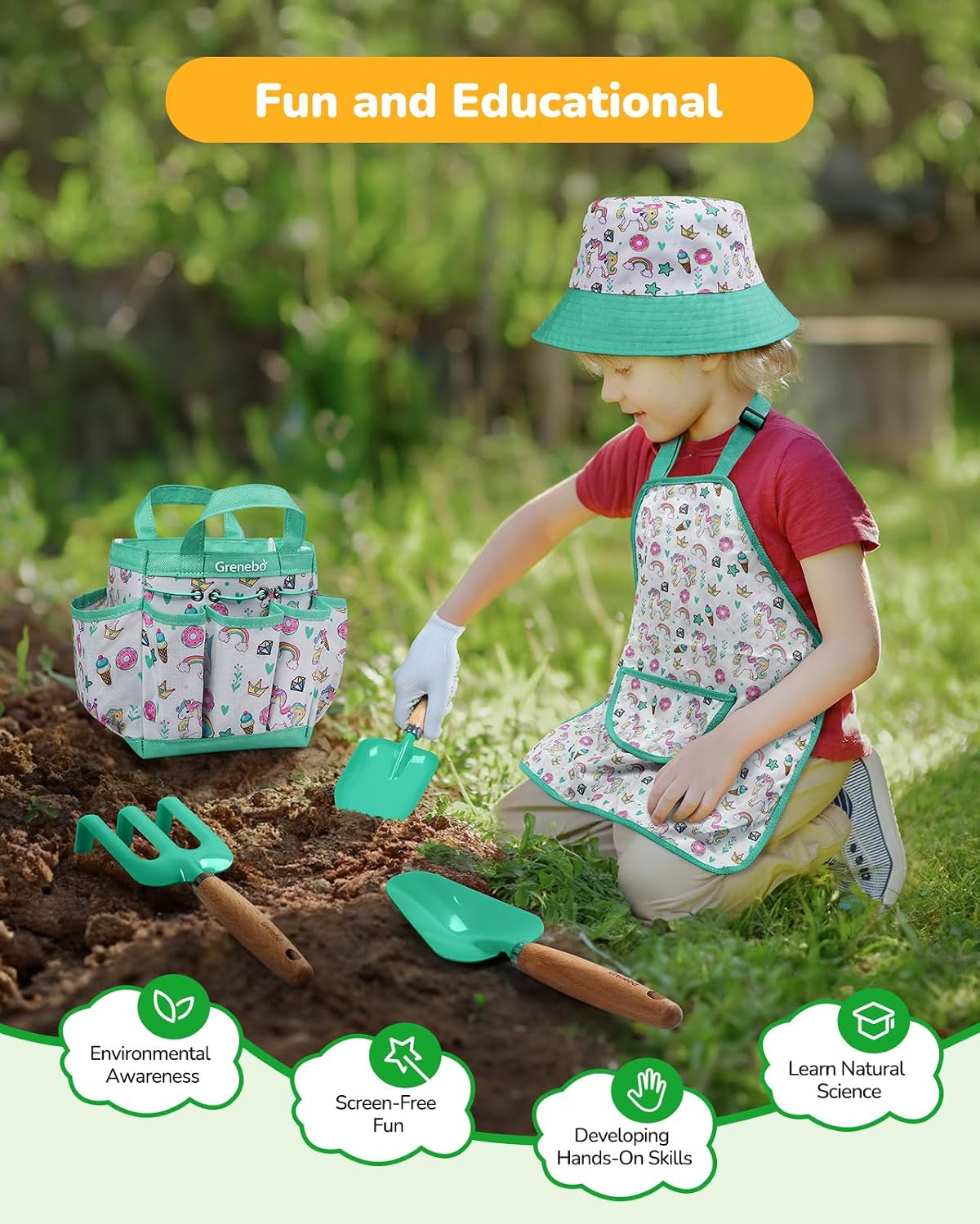 Grenebo 8-Piece Kids Gardening Set with Garden Tools for Kids - D-lake Green - image 4
